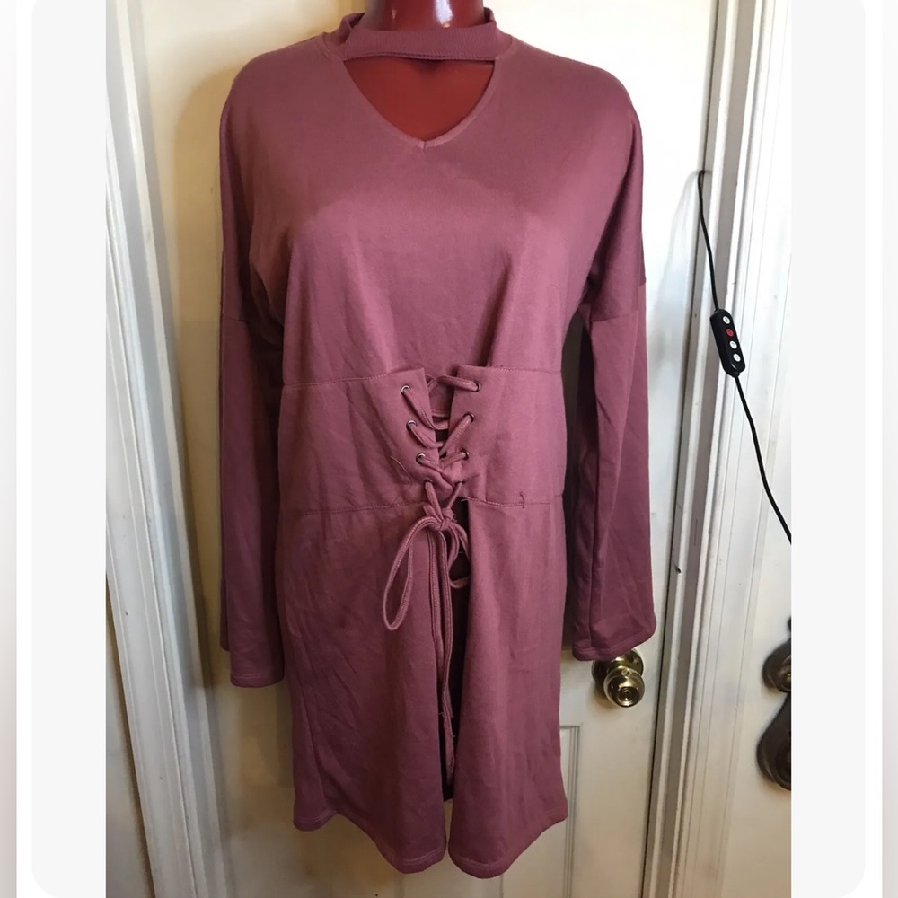 NEW NWT MORAL FIBER WOMENS SIZE XL LACE UP WAIST TOP - MAUVE- TUNIC BLOUSE TOP